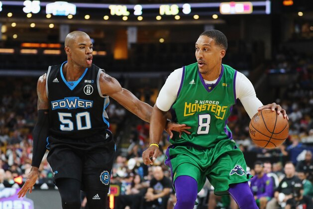 BOSTON, MA - AUGUST 03:  Jamario Moon #8 of 3 Headed Monsters handles the ball against Corey Maggette #50 of Power during week seven of the BIG3 three on three basketball league at TD Garden on August 3, 2018 in Boston, Massachusetts.  (Photo by Maddie Meyer/BIG3/Getty Images)