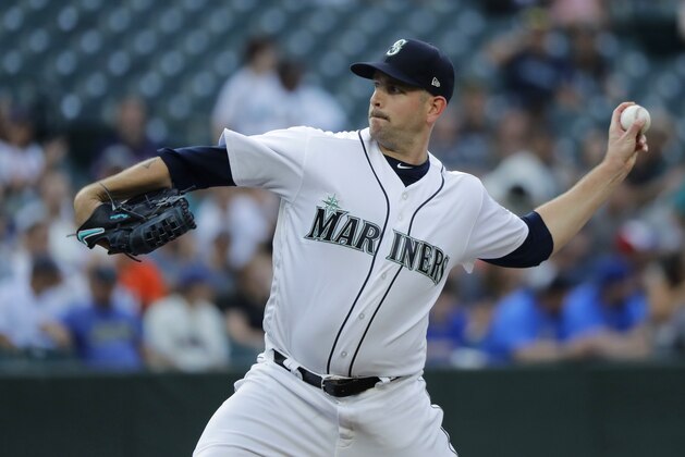 Seattle Mariners starting pitcher James Paxton throws against the Houston Astros during the first inning of a baseball game, Monday, July 30, 2018, in Seattle. (AP Photo/Ted S. Warren)