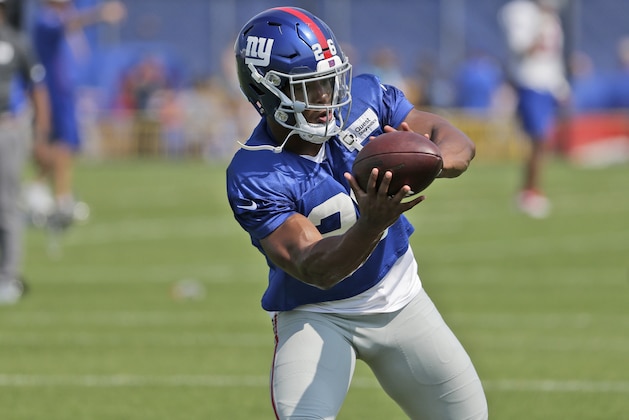 New York Giants' Saquon Barkley participates in a practice at the NFL football team's training camp in East Rutherford, N.J., Tuesday, Aug. 7, 2018. (AP Photo/Seth Wenig)