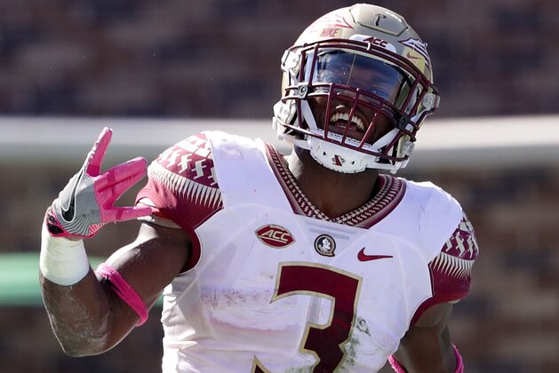 DURHAM, NC - OCTOBER 14:  Cam Akers #3 of the Florida State Seminoles reacts after scoring a touchdown against hte Duke Blue Devils during their game at Wallace Wade Stadium on October 14, 2017 in Durham, North Carolina.  (Photo by Streeter Lecka/Getty Images)