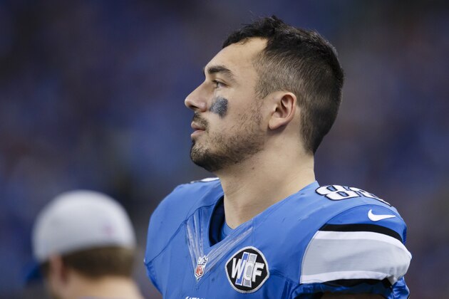 Detroit Lions tight end Joseph Fauria (80) on the sideline against the Tampa Bay Buccaneers during an NFL football game at Ford Field in Detroit, Sunday, Dec. 7, 2014. (AP Photo/Rick Osentoski) Detroit Lions tight end Joseph Fauria (80) on the sideline against the Tampa Bay Buccaneers during an NFL football game at Ford Field in Detroit, Sunday, Dec. 7, 2014. (AP Photo/Rick Osentoski)