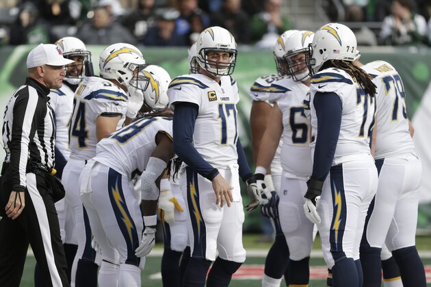 Los Angeles Chargers quarterback Philip Rivers (17) looks to the sidelines from the huddle during the first half of an NFL football game against the New York Jets Sunday, Dec. 24, 2017, in East Rutherford, N.J. (AP Photo/Seth Wenig)