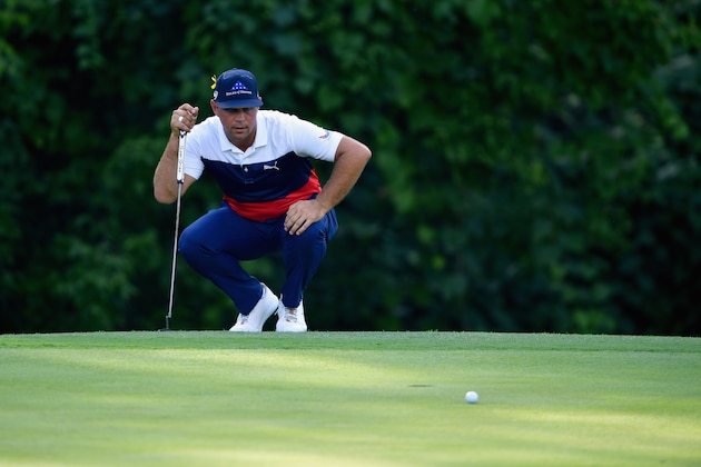 ST LOUIS, MO - AUGUST 09:  Gary Woodland of the United States lines up a putt on the 17th green during the first round of the 2018 PGA Championship at Bellerive Country Club on August 9, 2018 in St Louis, Missouri.  (Photo by Stuart Franklin/Getty Images)