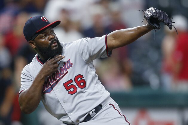 CLEVELAND, OH - AUGUST 07: Fernando Rodney #56 of the Minnesota Twins celebrates a 3-2 victory over the Cleveland Indians at Progressive Field on August 7, 2018 in Cleveland, Ohio. (Photo by Ron Schwane/Getty Images)