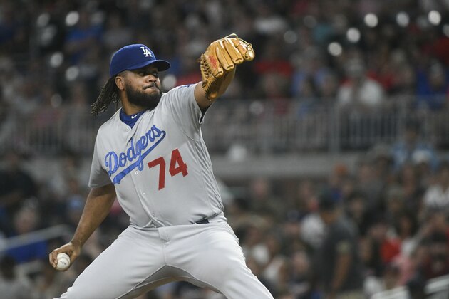 Los Angeles Dodgers relief pitcher Kenley Jansen (74) works against the Atlanta Braves during a baseball game Friday, July 27, 2018, in Atlanta. Los Angeles won 4-1. (AP Photo/John Amis)