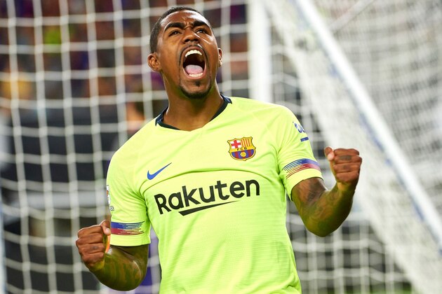 FC Barcelona's Malcom Silva celebrates after scoring a goal during the International Champions Cup (ICC) friendly football match between AS Roma and FC Barcelona on July 31, 2018 at AT&T Stadium in Arlington, Texas. (Photo by Cooper NEILL / AFP)        (Photo credit should read COOPER NEILL/AFP/Getty Images)