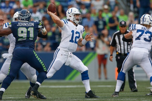 SEATTLE, WA - AUGUST 09:  Quarterback Andrew Luck #12 of the Indianapolis Colts passes against the Seattle Seahawks at CenturyLink Field on August 9, 2018 in Seattle, Washington.  (Photo by Otto Greule Jr/Getty Images)