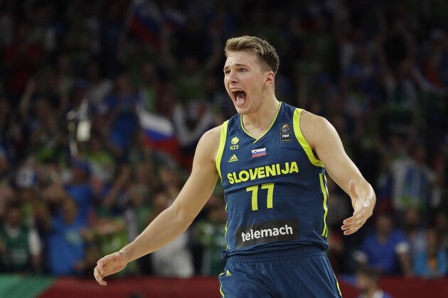 Slovenia's Luka Doncic reacts during their Eurobasket European Basketball Championship semifinal match against Spain in Istanbul, Thursday, Sept. 14. 2017. (AP Photo/Lefteris Pitarakis)