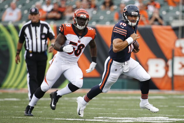 Chicago Bears quarterback Mitchell Trubisky looks to pass in the first half of an NFL preseason football game against the Cincinnati Bengals, Thursday, Aug. 9, 2018, in Cincinnati. (AP Photo/Frank Victores)