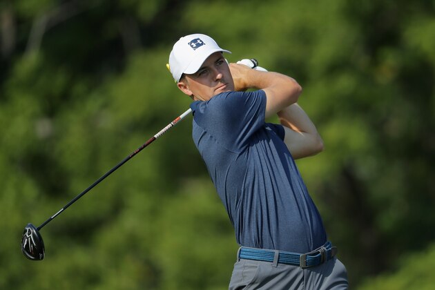 ST LOUIS, MO - AUGUST 10:  Jordan Spieth of the United States plays his shot from the 12th tee during the second round of the 2018 PGA Championship at Bellerive Country Club on August 10, 2018 in St Louis, Missouri.  (Photo by Richard Heathcote/Getty Images)