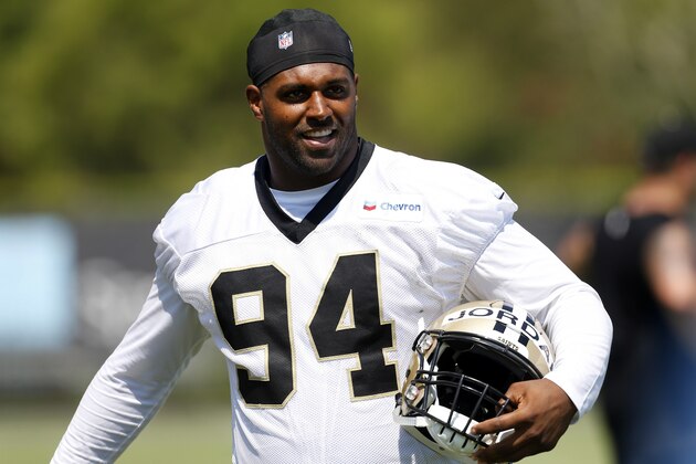 New Orleans Saints defensive end Cameron Jordan (94) reacts during NFL football training camp in Metairie, La., Thursday, July 26, 2018. (AP Photo/Jonathan Bachman)