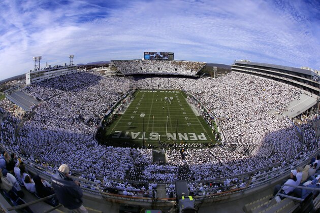 Penn State and Michigan play during a white-out at Beaver Stadium in the first half of an NCAA college football game in State College, Pa., Saturday, Nov. 21, 2015. Michigan won 28-16. (AP Photo/Gene J. Puskar)