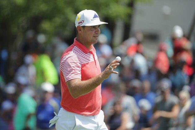 ST LOUIS, MO - AUGUST 10:  Gary Woodland of the United States acknowledges the crowd on the ninth green during the second round of the 2018 PGA Championship at Bellerive Country Club on August 10, 2018 in St Louis, Missouri.  (Photo by Richard Heathcote/Getty Images)