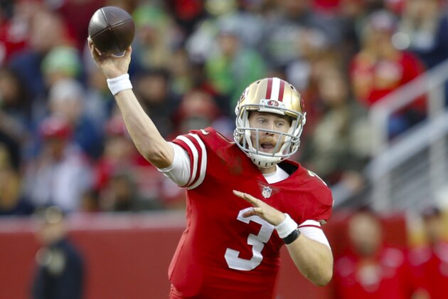SANTA CLARA, CA - NOVEMBER 26: C.J. Beathard #3 of the San Francisco 49ers passes during the game against the Seattle Seahawks at Levi's Stadium on November 26, 2017 in Santa Clara, California. The Seahawks defeated the 49ers 24-13. (Photo by Michael Zagaris/San Francisco 49ers/Getty Images)