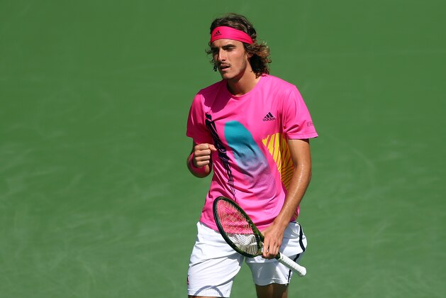 TORONTO, ON - AUGUST 10:  Stefanos Tsitsipas of Greece celebrates a point against Alexander Zverev of Germany during a quarter final match on Day 5 of the Rogers Cup at Aviva Centre on August 10, 2018 in Toronto, Canada.  (Photo by Vaughn Ridley/Getty Images)