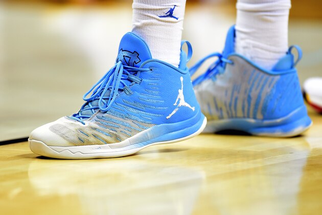 CHARLOTTE, NC - MARCH 16:  A view of a North Carolina Tar Heels' shoe during the first round of the 2018 NCAA Men's Basketball Tournament at Spectrum Center on March 16, 2018 in Charlotte, North Carolina.  (Photo by Jared C. Tilton/Getty Images)