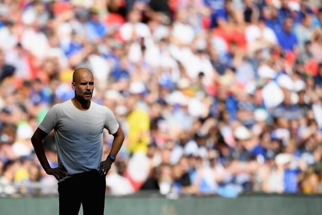 LONDON, ENGLAND - AUGUST 05:  Pep Guardiola of Manchester City looks on during the FA Community Shield match between Manchester City and Chelsea at Wembley Stadium on August 5, 2018 in London, England.  (Photo by Clive Mason/Getty Images)