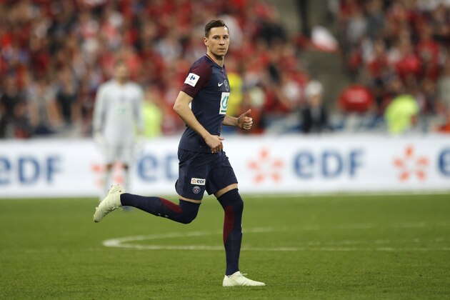 PSG's Julian Draxler runs on the pitch during the French Cup soccer final Paris Saint Germain against Les Herbiers at the Stade de France stadium in Saint-Denis, outside Paris, Tuesday, May 8, 2018. (AP Photo/Francois Mori)