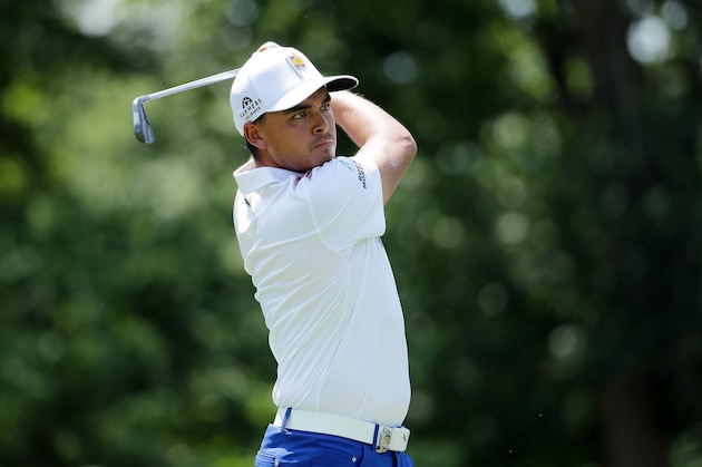 ST LOUIS, MO - AUGUST 10:  Rickie Fowler of the United States plays his shot from the second tee during the second round of the 2018 PGA Championship at Bellerive Country Club on August 10, 2018 in St Louis, Missouri.  (Photo by Richard Heathcote/Getty Images)