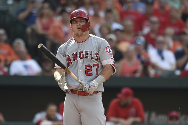 Los Angeles Angels Mike Trout reacts at bat against the Baltimore Orioles in a baseball game, Saturday, June 30, 2018, in Baltimore. (AP Photo/Gail Burton)