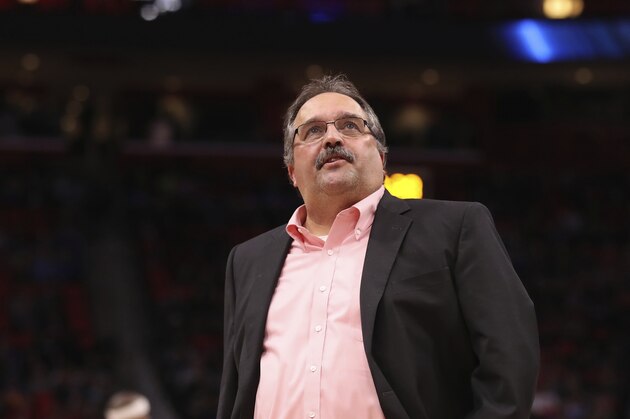 Detroit Pistons head coach Stan Van Gundy looks towards the scoreboard during the second half of an NBA basketball game against the Toronto Raptors, Monday, April 9, 2018, in Detroit. (AP Photo/Carlos Osorio)