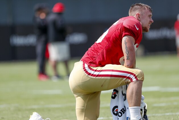 San Francisco 49ers tight end George Kittle kneels during NFL football practice at the team's headquarters Saturday, July 28, 2018, in Santa Clara, Calif. (AP Photo/Tony Avelar)