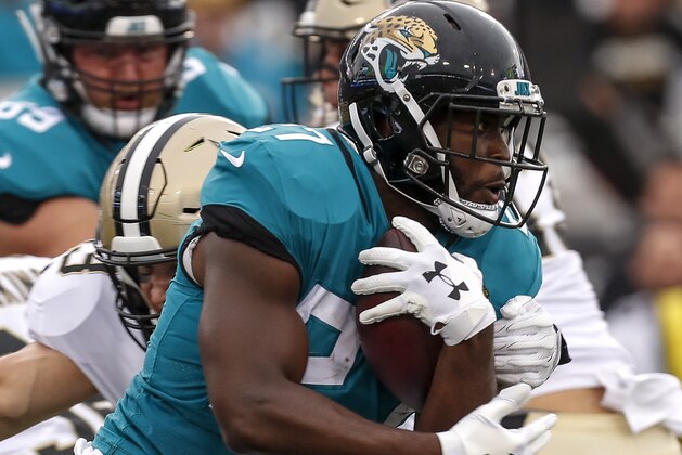JACKSONVILLE, FL - AUGUST 9: Runningack Leonard Fournette #27 of the Jacksonville Jaguars on a running play during a preseason game against the New Orleans Saints at TIAA Bank Field on August 9, 2018 in Jacksonville, Florida. The Saints defeated the Jaguars 24 to 20. (Photo by Don Juan Moore/Getty Images)