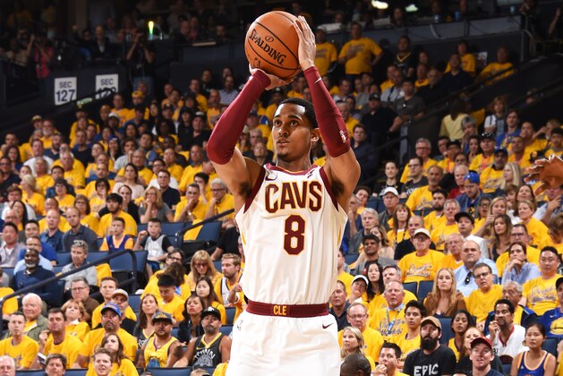 OAKLAND, CA - June 3: Jordan Clarkson #8 of the Cleveland Cavaliers shoots the ball against the Golden State Warriors in Game Two of the 2018 NBA Finals on June 3, 2018 at ORACLE Arena in Oakland, California. NOTE TO USER: User expressly acknowledges and agrees that, by downloading and/or using this photograph, user is consenting to the terms and conditions of the Getty Images License Agreement. Mandatory Copyright Notice: Copyright 2018 NBAE (Photo by Andrew D. Bernstein/NBAE via Getty Images)
