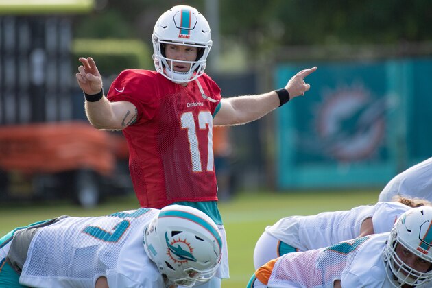 DAVIE, FL - AUGUST 2: Ryan Tannehill #17 of the Miami Dolphins performing drills during Miami Dolphins Training Camp at Baptist Health Training Facility at Nova Southeastern University on August 2, 2018 in Davie, Florida. (Photo by Mark Brown/Getty Images)