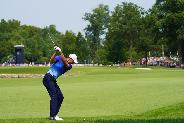ST LOUIS, MO - AUGUST 12:  Jordan Spieth of the United States plays a shot on the second hole during the final round of the 2018 PGA Championship at Bellerive Country Club on August 12, 2018 in St Louis, Missouri.  (Photo by Stuart Franklin/Getty Images)