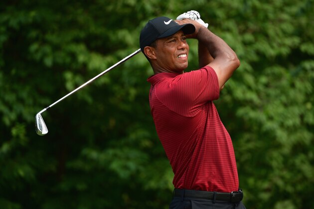ST LOUIS, MO - AUGUST 12:  Tiger Woods of the United States plays his shot from the ninth tee during the final round of the 2018 PGA Championship at Bellerive Country Club on August 12, 2018 in St Louis, Missouri.  (Photo by Stuart Franklin/Getty Images)