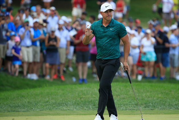 ST LOUIS, MO - AUGUST 12:  Brooks Koepka of the United States reacts after making a putt for birdie on the 15th green during the final round of the 2018 PGA Championship at Bellerive Country Club on August 12, 2018 in St Louis, Missouri.  (Photo by Andy Lyons/Getty Images)