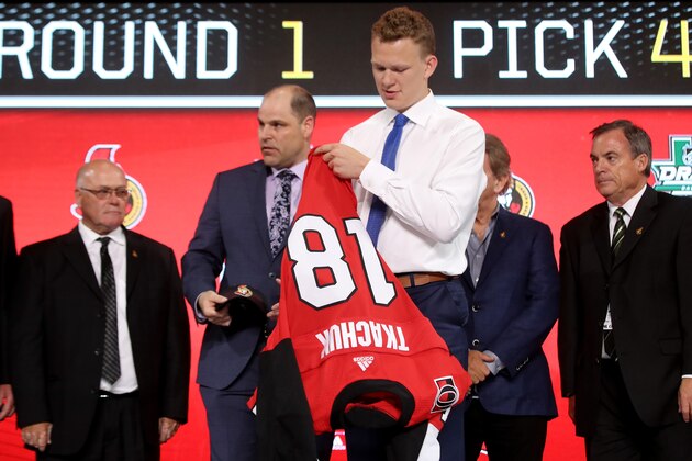 DALLAS, TX - JUNE 22:  Brady Tkachuk reacts after being selected fourth overall by the Ottawa Senators during the first round of the 2018 NHL Draft at American Airlines Center on June 22, 2018 in Dallas, Texas.  (Photo by Bruce Bennett/Getty Images)