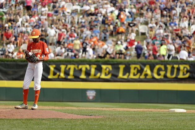 Lufkin, Texas' Malcolm Deason pauses on the mound after giving up a home run to Japan's Natsuki Yajima during the fourth inning of Little League World Series Championship baseball game, Sunday, Aug. 27, 2017, in South Williamsport, Pa. (AP Photo/Matt Slocum)