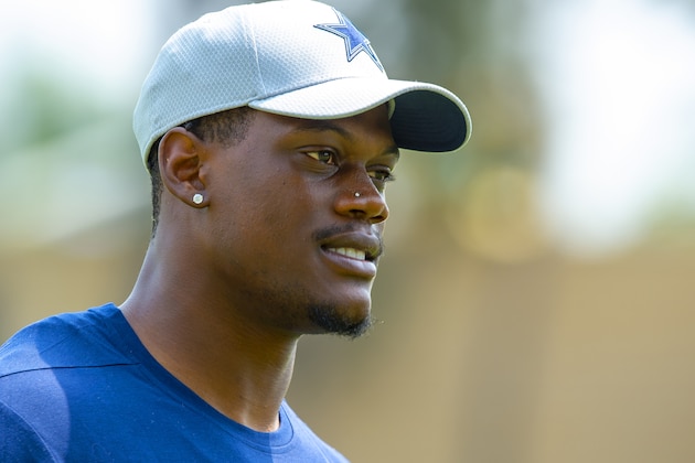 FILE - In this July 28, 2018, file photo, Dallas Cowboys defensive end Randy Gregory is shown during NFL football training camp in Oxnard, Calif. Gregory is trying to get his career back on track.(AP Photo/Gus Ruelas, File)