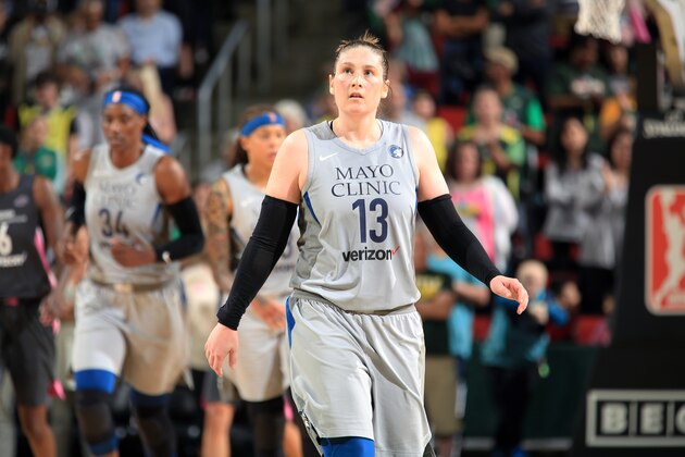 SEATTLE, WA - AUGUST 3: Lindsay Whalen #13 of the Minnesota Lynx looks on during the game against the Seattle Storm on August 3, 2018 at Key Arena in Seattle, Washington. NOTE TO USER: User expressly acknowledges and agrees that, by downloading and/or using this photograph, user is consenting to the terms and conditions of Getty Images License Agreement. Mandatory Copyright Notice: Copyright 2018 NBAE (Photo by Joshua Huston/NBAE via Getty Images)