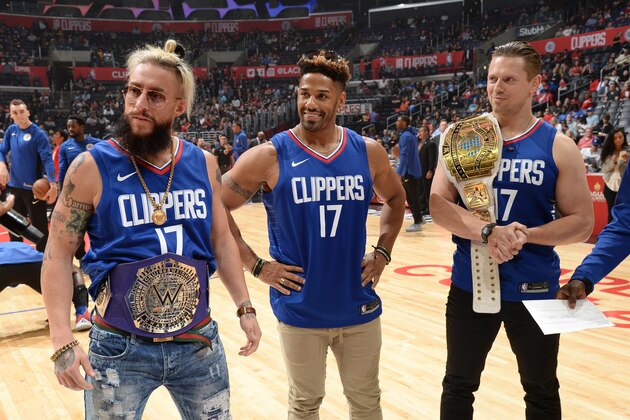 LOS ANGELES, CA - OCTOBER 28: Wrestlers The Miz, Enzo Amore, and Darren Young attend the game between the Detroit Pistons and the LA Clippers on October 28, 2017 at STAPLES Center in Los Angeles, California. NOTE TO USER: User expressly acknowledges and agrees that, by downloading and/or using this Photograph, user is consenting to the terms and conditions of the Getty Images License Agreement. Mandatory Copyright Notice: Copyright 2017 NBAE (Photo by Andrew D. Bernstein/NBAE via Getty Images)