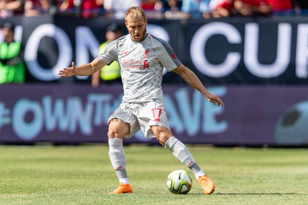 ANN ARBOR, MI - JULY 28: Ragnar Klavan #17 of Liverpool passes against the Manchester United during first half of the International Champions Cup 2018 at Michigan Stadium on July 28, 2018 in Ann Arbor, Michigan. (Photo by Jason Miller/Getty Images)