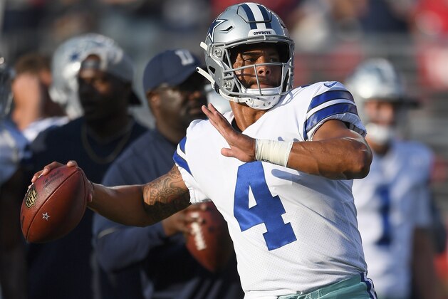 SANTA CLARA, CA - AUGUST 09:  Dak Prescott #4 of the Dallas Cowboys warms up prior to the start of an NFL preseason game against the San Francisco 49ers at Levi's Stadium on August 9, 2018 in Santa Clara, California.  (Photo by Thearon W. Henderson/Getty Images)