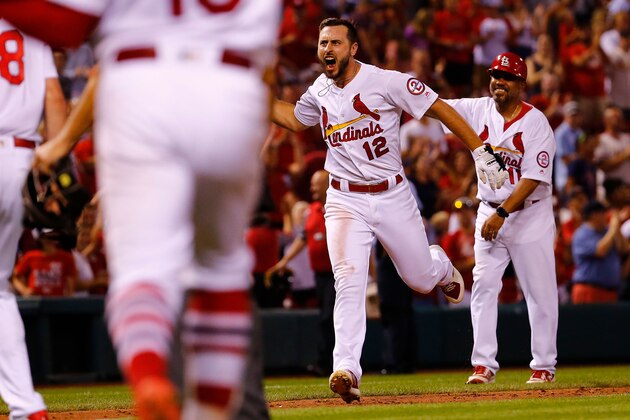 ST. LOUIS, MO - AUGUST 13:  Paul DeJong #12 of the St. Louis Cardinals celebrates after hitting a walk-off home run against the Washington Nationals ninth inning at Busch Stadium on August 13, 2018 in St. Louis, Missouri.  (Photo by Dilip Vishwanat/Getty Images)