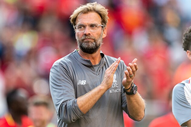 ANN ARBOR, MI - JULY 28: Head coach Jurgen Klopp of Liverpool celebrates after Liverpool defeated Manchester United of the International Champions Cup 2018 at Michigan Stadium on July 28, 2018 in Ann Arbor, Michigan. Liverpool defeated Manchester United 4-1. (Photo by Jason Miller/Getty Images)