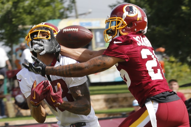 Washington Redskins cornerback Orlando Scandrick, right, breaks up a pass intended for wide receiver Josh Doctson at NFL football training camp in Richmond, Va., Thursday, July 26, 2018. (AP Photo/Steve Helber)