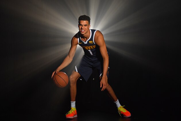 TARRYTOWN, NY - AUGUST 12: Michael Porter Jr. #1 of the Denver Nuggets poses for a portrait during the 2018 NBA Rookie Photo Shoot on August 12, 2018 at the Madison Square Garden Training Facility in Tarrytown, New York. NOTE TO USER: User expressly acknowledges and agrees that, by downloading and or using this photograph, User is consenting to the terms and conditions of the Getty Images License Agreement. Mandatory Copyright Notice: Copyright 2018 NBAE (Photo by Jesse D. Garrabrant/NBAE via Getty Images)