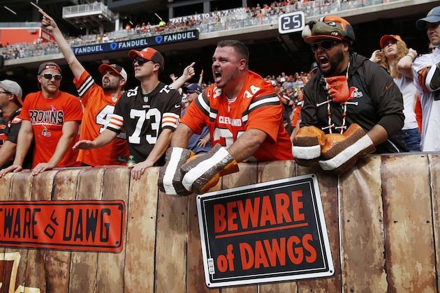 CLEVELAND, OH - OCTOBER 08: Cleveland Browns fans in the Dawg Pound are seen during a game against the New York Jets at FirstEnergy Stadium on October 8, 2017 in Cleveland, Ohio. The Jets defeated the Browns 17-14. (Photo by Joe Robbins/Getty Images) *** Local Caption ***