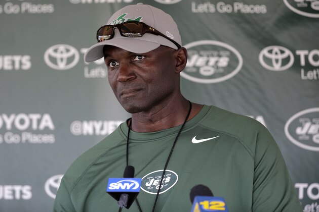 New York Jets head coach Todd Bowles talks to reporters after practice at the NFL football team's training camp in Florham Park, N.J., Wednesday, Aug. 1, 2018. (AP Photo/Seth Wenig)
