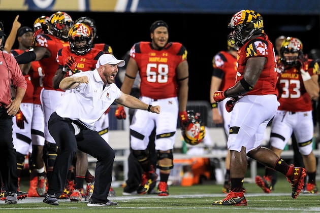 MIAMI, FL - SEPTEMBER 09: Assistant athletic director of football sport performance Rick Court of the Maryland Terrapins celebrates after the Terrapins' defense makes a stop on fourth down during the first half of the game against the FIU Panthers at FIU Stadium on September 9, 2016 in Miami, Florida. (Photo by Rob Foldy/Getty Images)