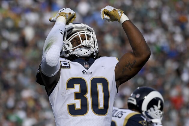 Los Angeles Rams running back Todd Gurley celebrates after scoring against the Philadelphia Eagles during the first half of an NFL football game Sunday, Dec. 10, 2017, in Los Angeles. (AP Photo/Mark J. Terrill)