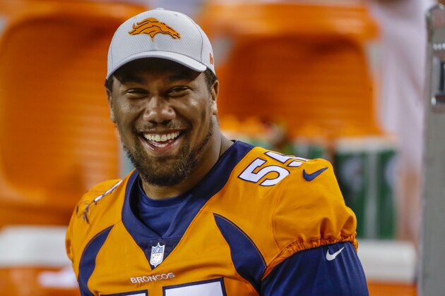 Denver Broncos linebacker Bradley Chubb smiles during the second half in an NFL football preseason game against the Minnesota Vikings Saturday, Aug. 11, 2018, in Denver. (AP Photo/Jack Dempsey)