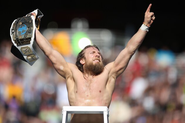 IMAGE DISTRIBUTED FOR WWE - WWE Superstar Daniel Bryan celebrates becoming the new Intercontinental Champion at WrestleMania 31 at Levi's Stadium. on Sunday, March 29, 2015 in Santa Clara, CA. WrestleMania broke the Levi’s Stadium attendance record at 76,976 fans from all 50 states and 40 countries. (Don Feria/AP Images for WWE)