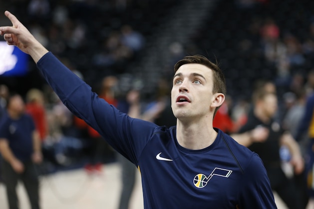 Utah Jazz guard David Stockton (5) looks on during practice before the start of their NBA basketball game against the Atlanta Hawks Tuesday, March 20, 2018, in Salt Lake City. (AP Photo/Rick Bowmer)